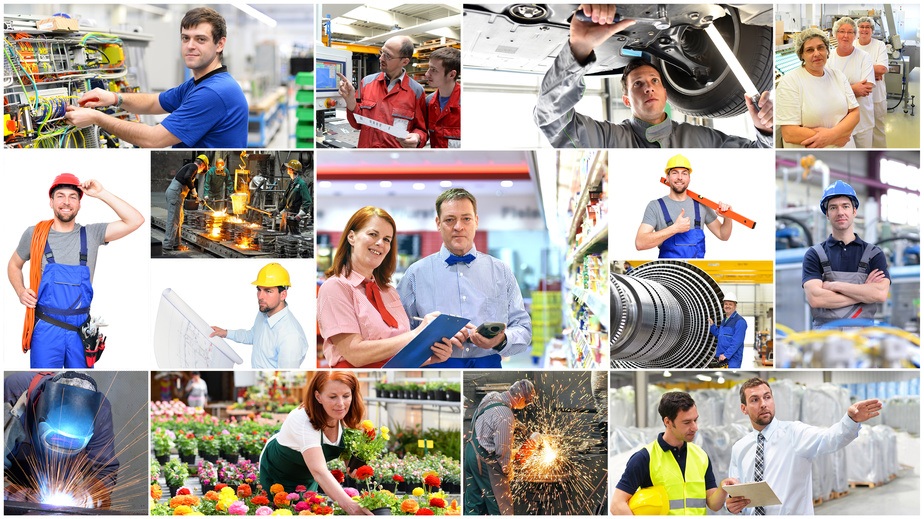 Collage mit verschiedenen Berufen - Arbeiter im Handel,Industrie,Logistik,Managment, Handwerk,...